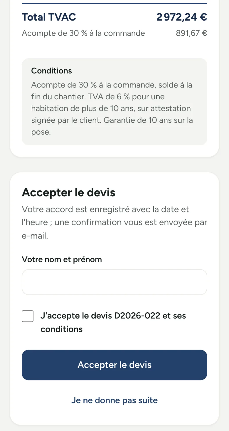 Un devis ouvert sur téléphone, avec le bouton « Accepter le devis »