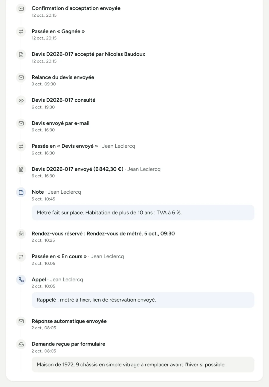 L'historique d'une demande dans Jef, de la réception au devis accepté