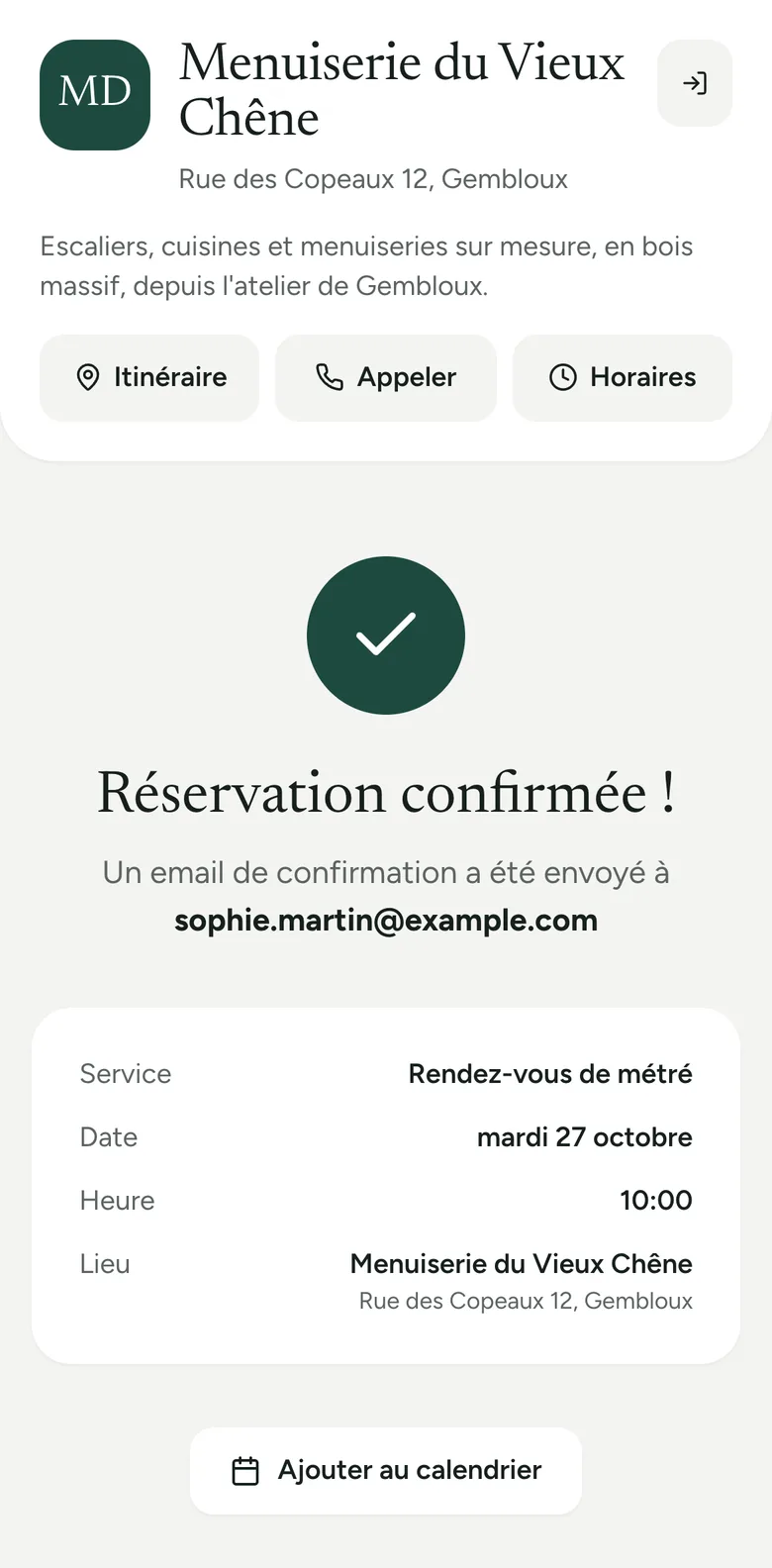 « Réservation confirmée ! » : le récapitulatif du rendez-vous et le bouton « Ajouter au calendrier »