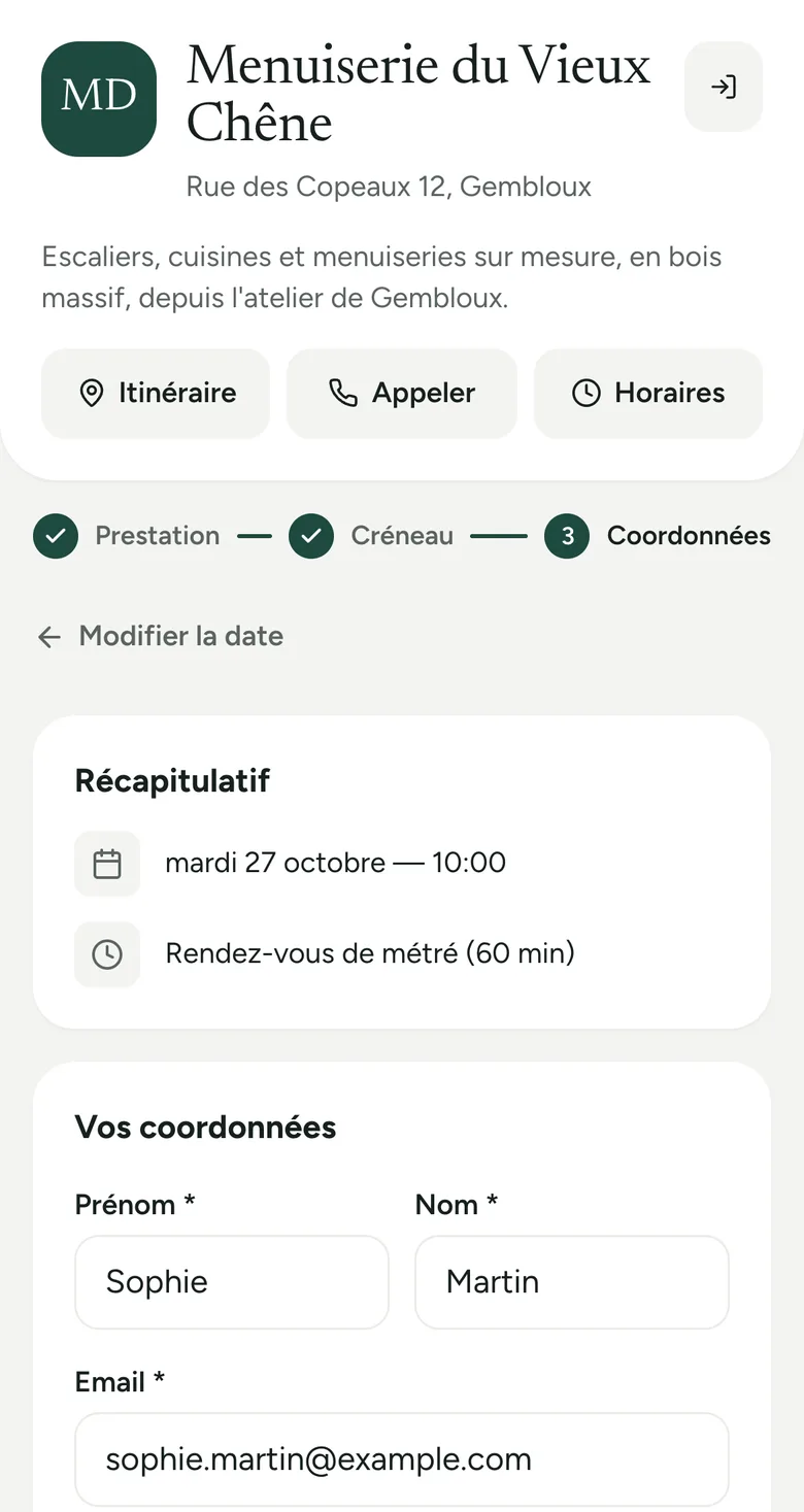 Le récapitulatif du rendez-vous et le formulaire de coordonnées, sans compte à créer