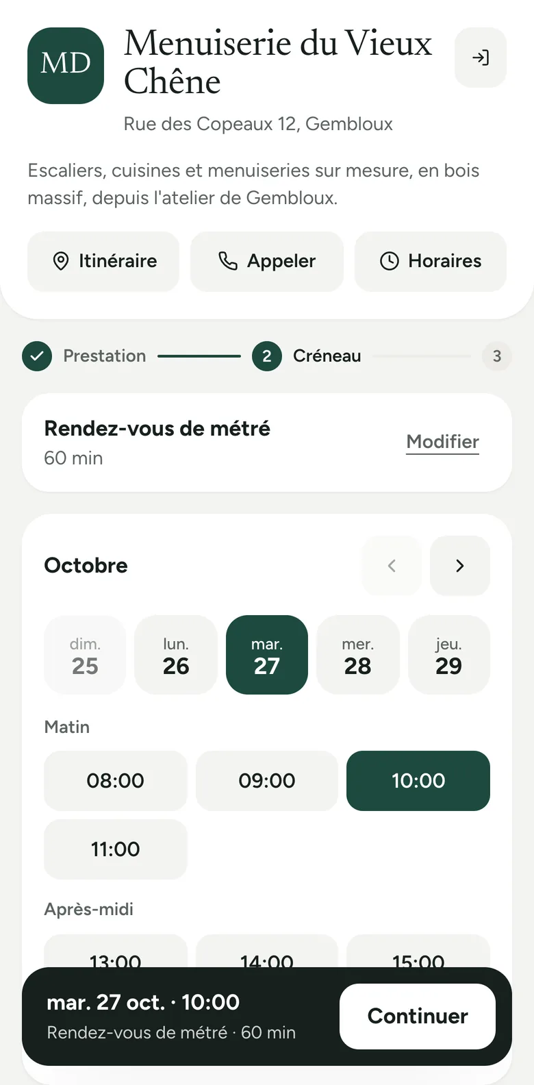 La page de réservation Kwarti d'une menuiserie : le créneau du mardi 27 octobre à 10:00 est choisi