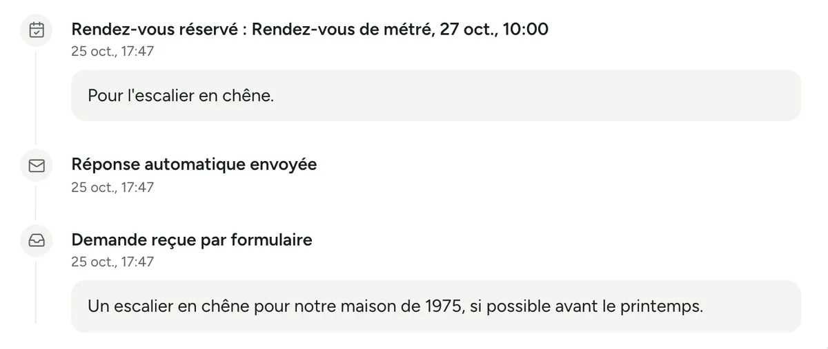 L'historique d'une demande dans Jef : la demande reçue, la réponse automatique, puis le rendez-vous réservé sur Kwarti